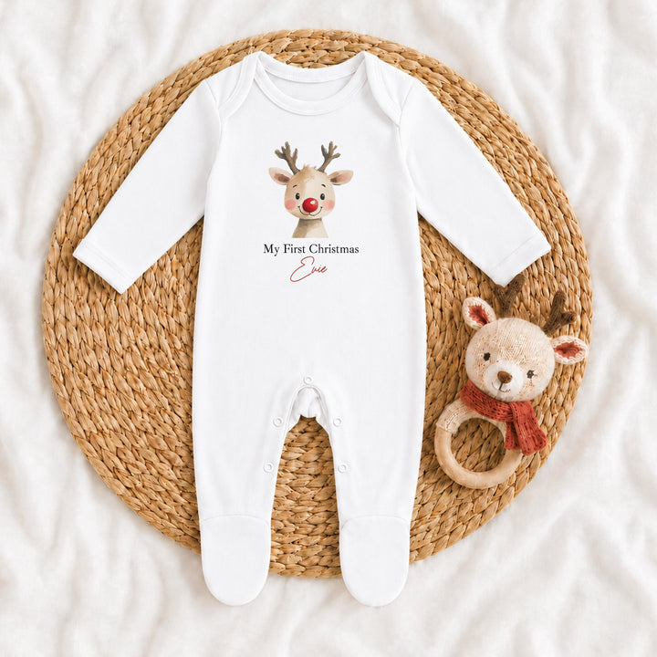 Personalised Reindeer My First Christmas Baby Grow, Vest or Bib