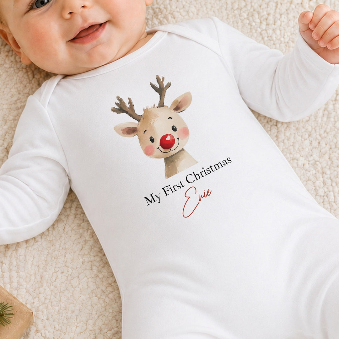 Personalised Reindeer My First Christmas Baby Grow, Vest or Bib