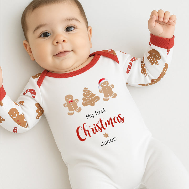Personalised First Christmas as Sibling Matching Gingerbread Pyjamas/Babygrow
