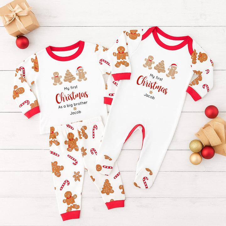 Personalised Gingerbread First Christmas As Siblings Matching Pyjamas or Baby Grow