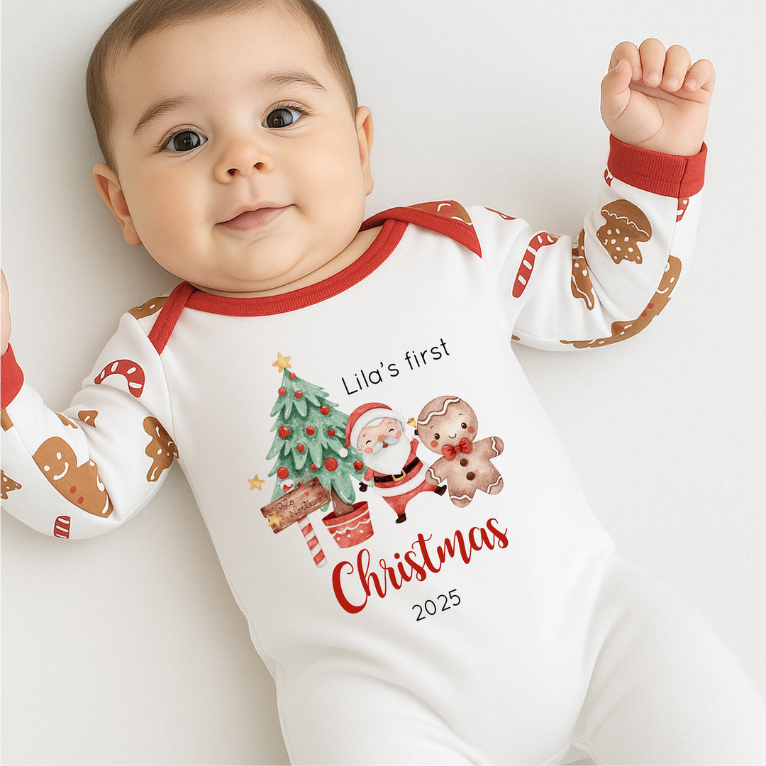 Personalised Christmas Tree Sibling Matching Gingerbread Pyjamas/Babygrow