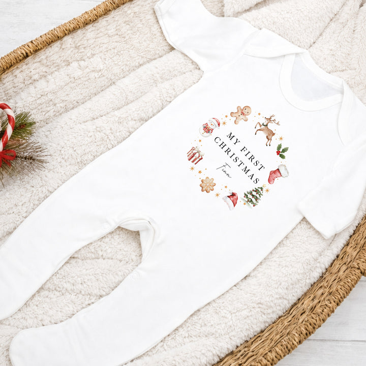 Personalised Gingerbread Wreath My First Christmas Baby Grow Or Vest