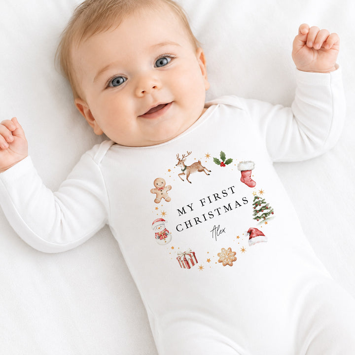 Personalised Gingerbread Wreath My First Christmas Baby Grow Or Vest