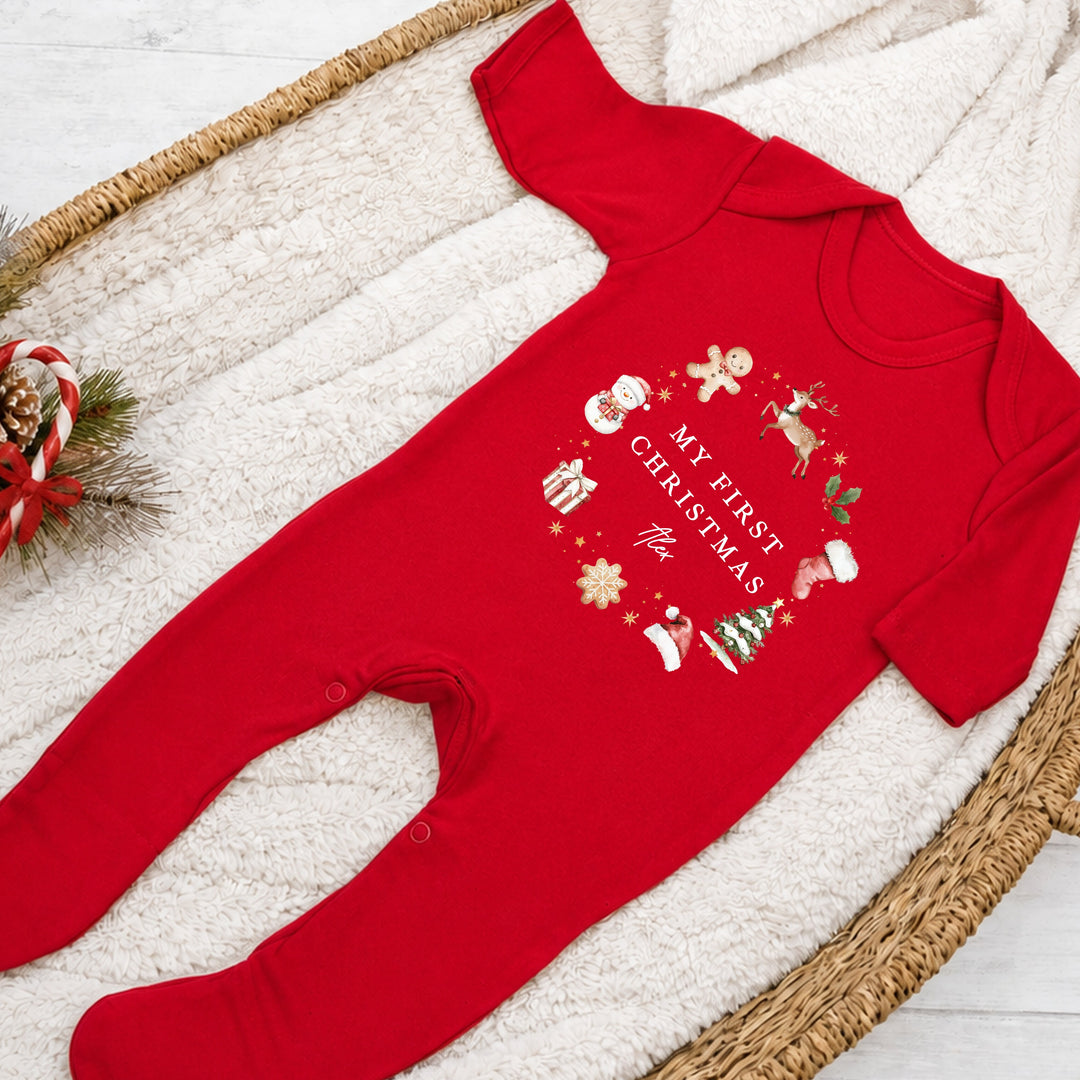 Personalised Gingerbread Wreath My First Christmas Red Baby Grow