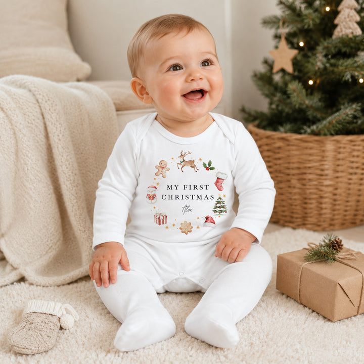 Personalised Gingerbread Wreath My First Christmas Baby Grow Or Vest