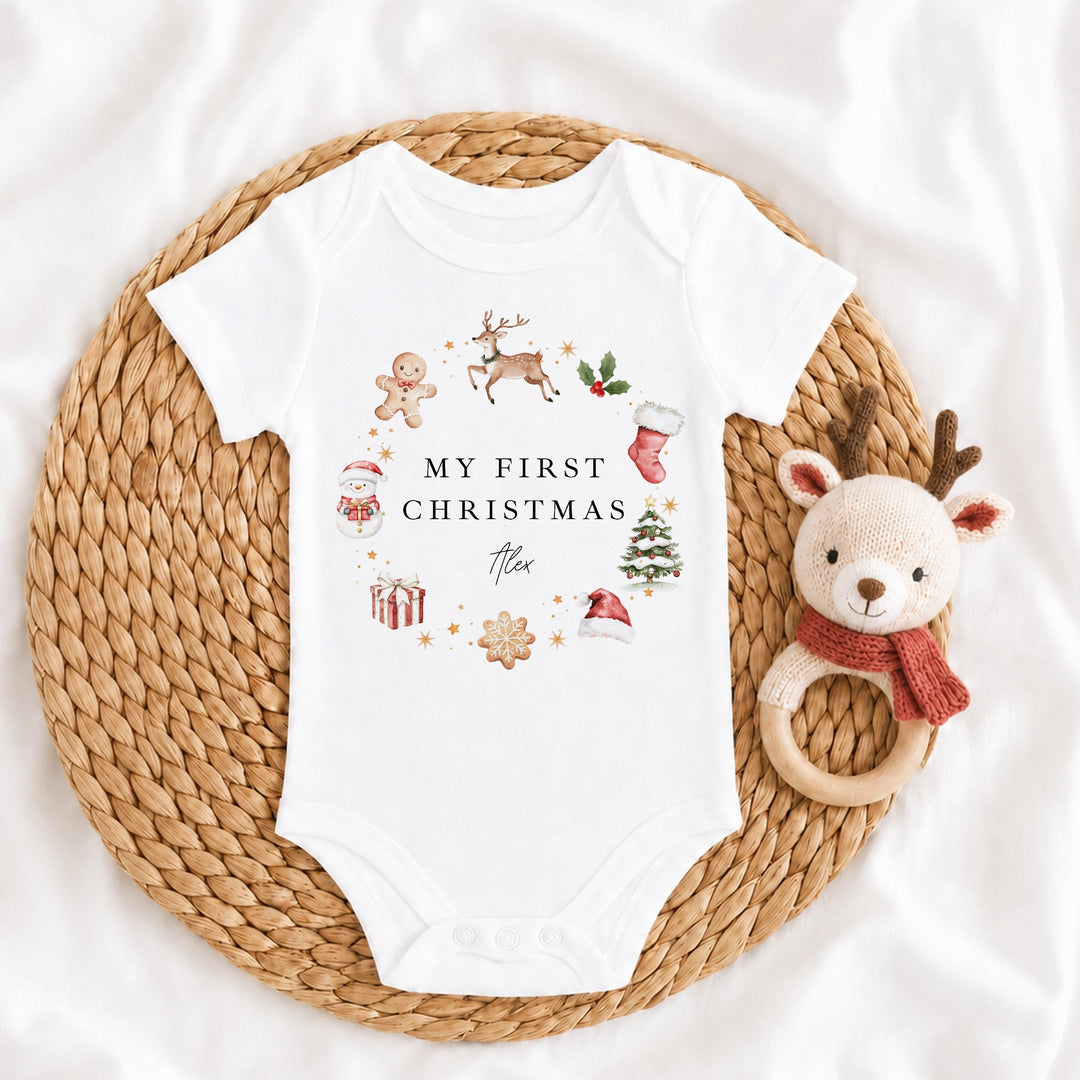 Personalised Gingerbread Wreath My First Christmas Baby Grow Or Vest