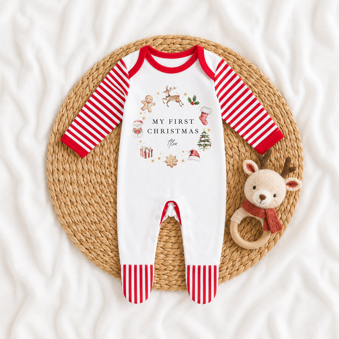 Personalised Gingerbread Wreath My First Christmas Red Baby Grow