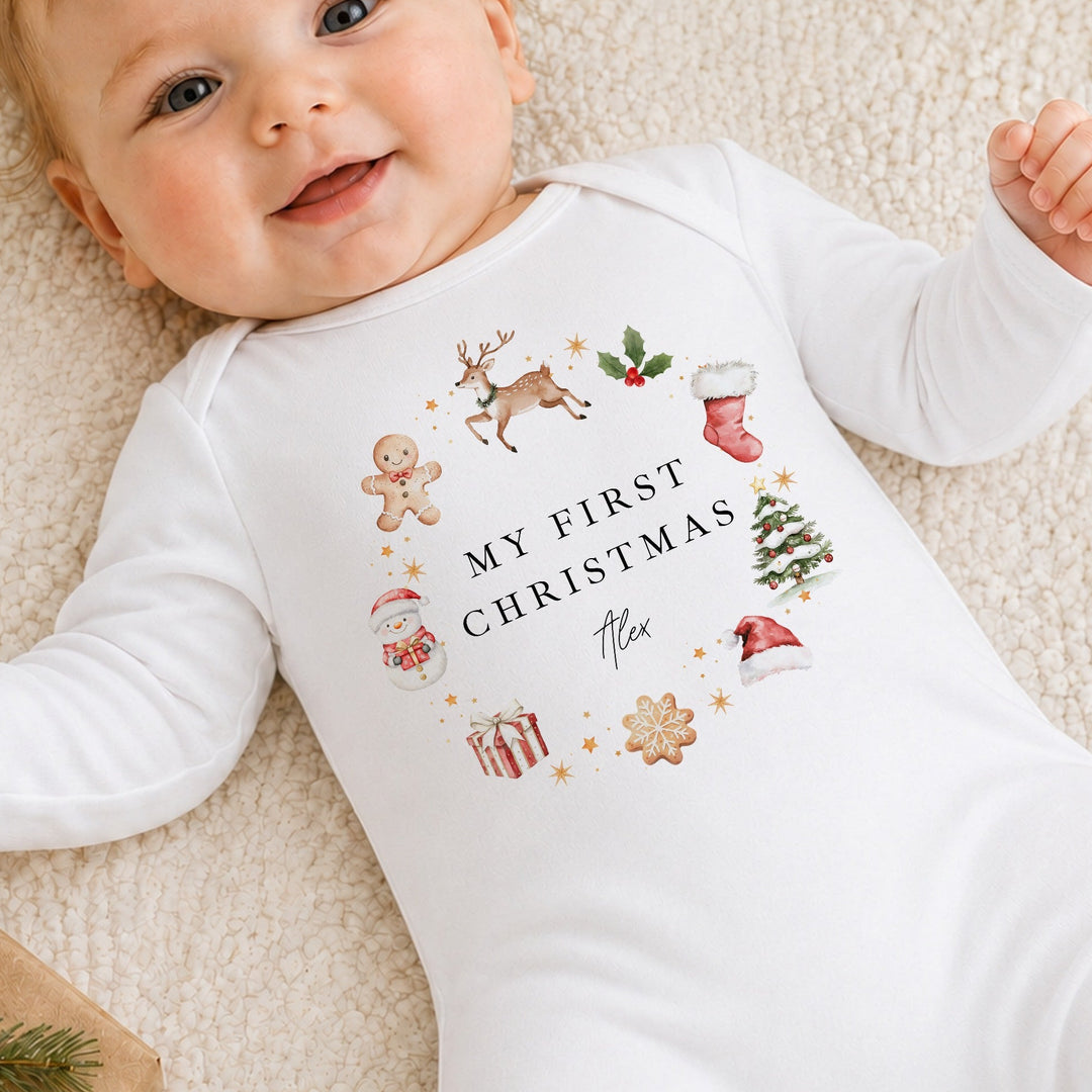 Personalised Gingerbread Wreath My First Christmas Baby Grow Or Vest
