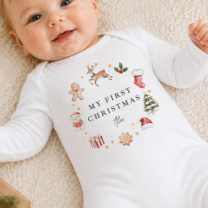 Personalised Gingerbread Wreath My First Christmas Baby Grow Or Vest