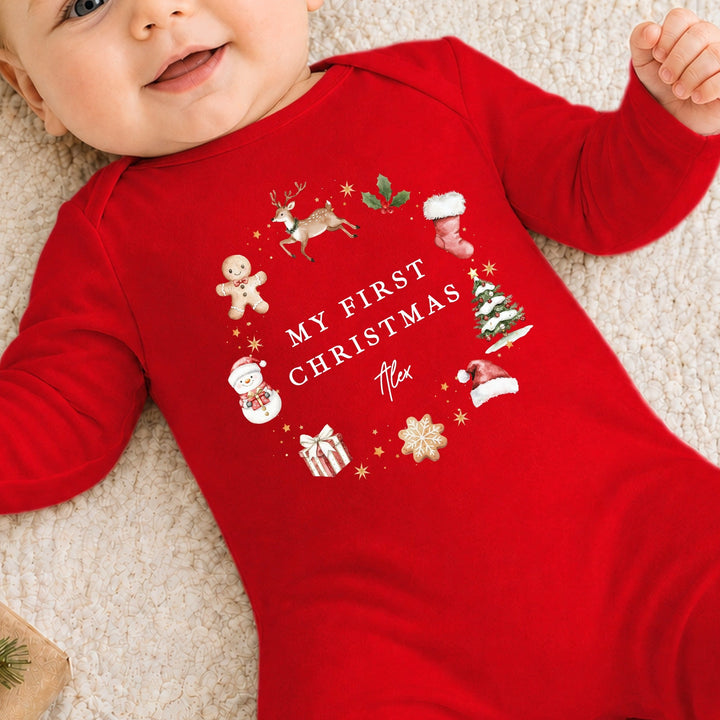Personalised Gingerbread Wreath My First Christmas Red Baby Grow