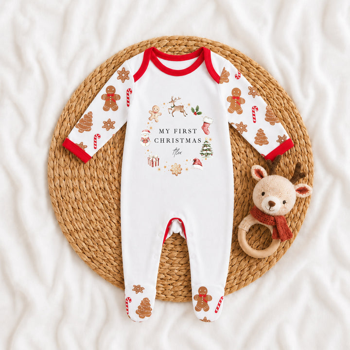 Personalised Gingerbread Wreath My First Christmas Pattern Baby Grow