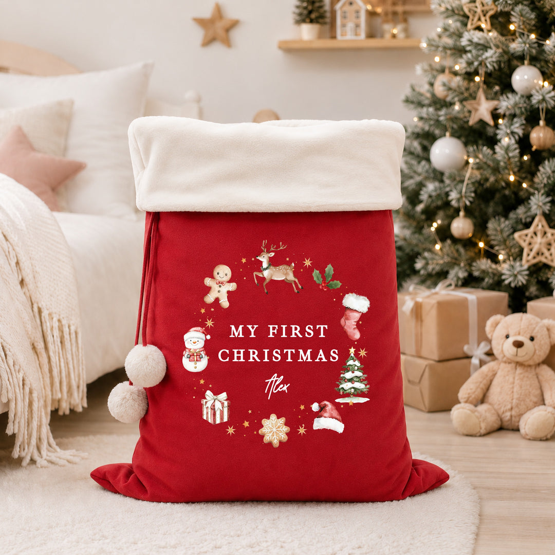 Personalised Gingerbread Wreath My First Christmas Fur Trim Christmas Santa Sack