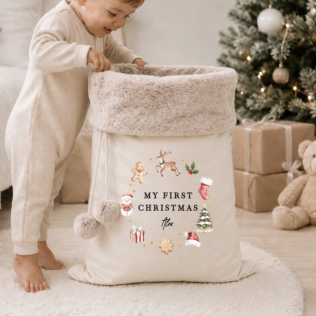 Personalised Gingerbread Wreath My First Christmas Fur Trim Christmas Santa Sack