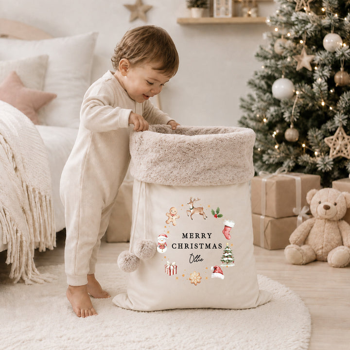Personalised Gingerbread Wreath My First Christmas Fur Trim Christmas Santa Sack