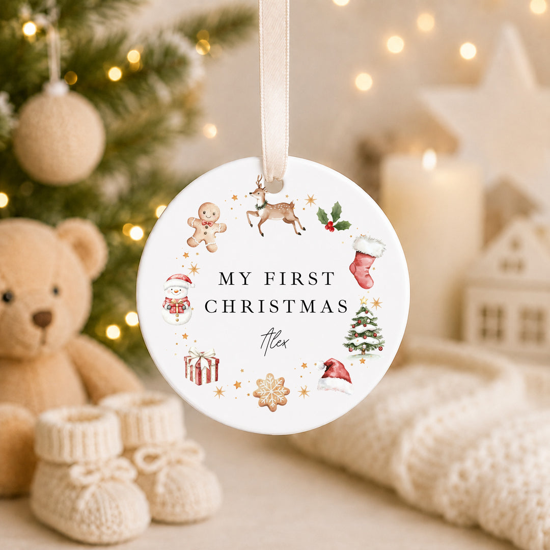 Personalised Gingerbread Wreath My First Christmas Ceramic Bauble