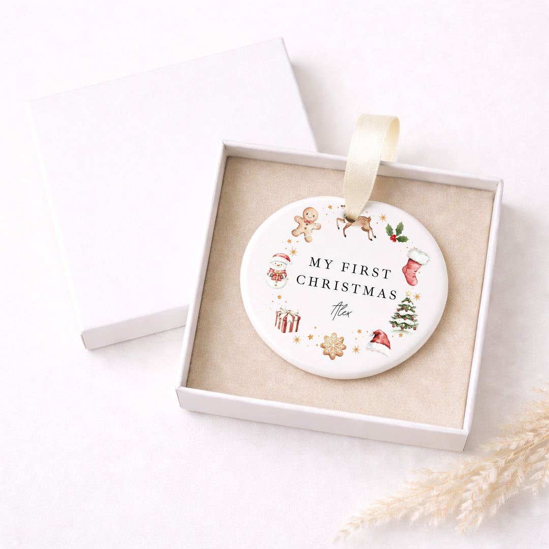 Personalised Gingerbread Wreath My First Christmas Ceramic Bauble