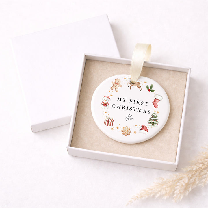 Personalised Gingerbread Wreath My First Christmas Ceramic Bauble
