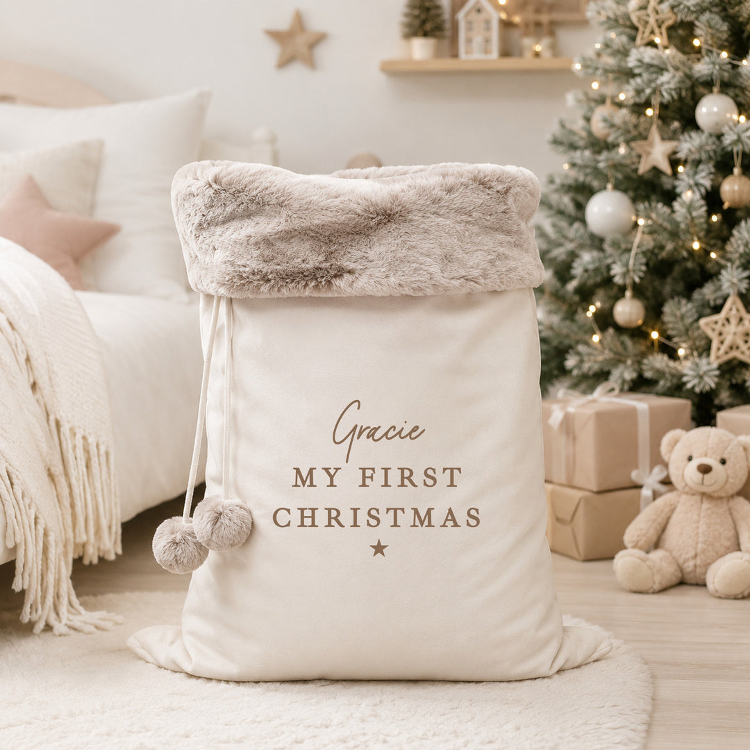 Personalised Gold My First Christmas Fur Trim Christmas Santa Sack