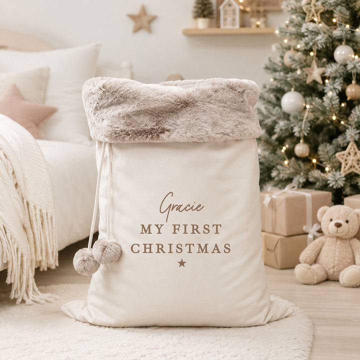 Personalised Gold My First Christmas Fur Trim Christmas Santa Sack