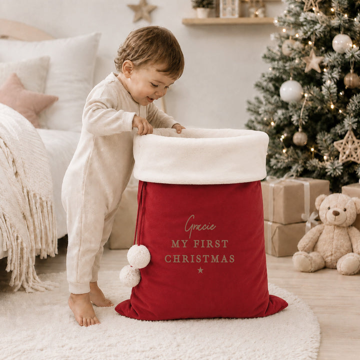 Personalised Gold My First Christmas Fur Trim Christmas Santa Sack