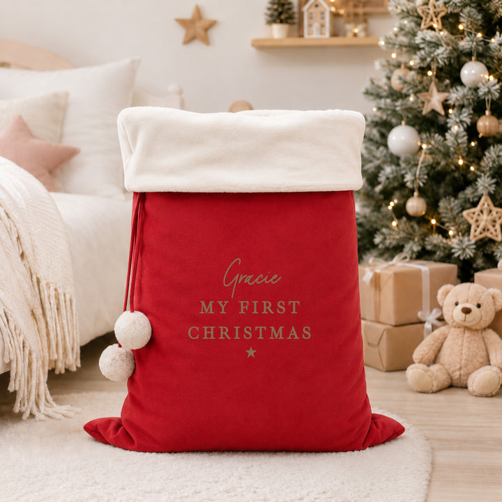 Personalised Gold My First Christmas Fur Trim Christmas Santa Sack