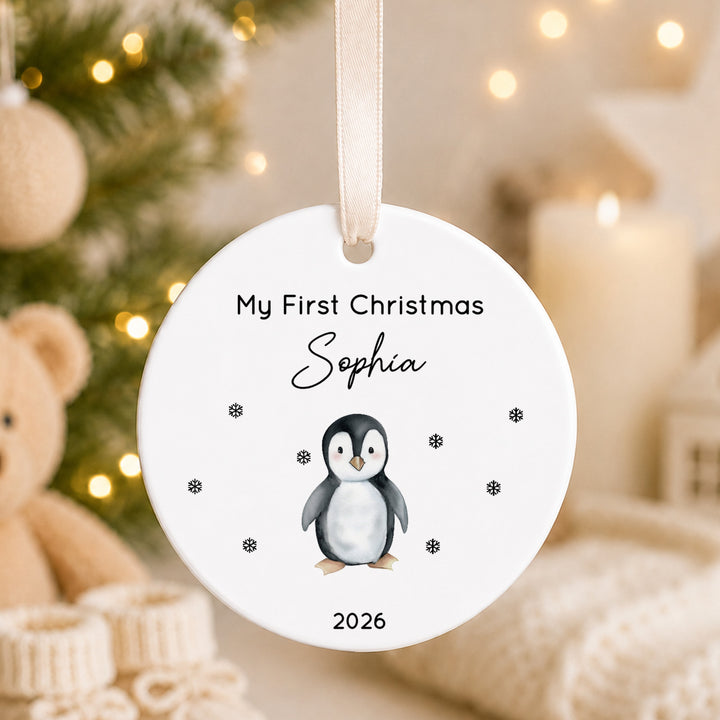 Personalised Penguin Ceramic My First Christmas Bauble