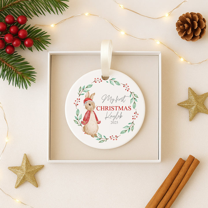 Personalised My First Christmas Red Rabbit Wreath Ceramic Ornament