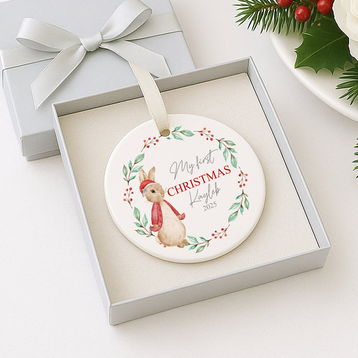 Personalised My First Christmas Red Rabbit Wreath Ceramic Ornament