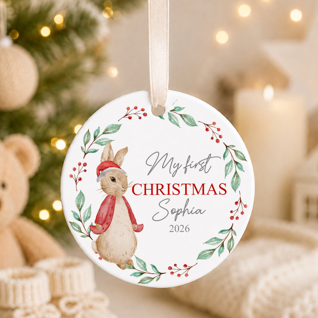 Personalised Red Rabbit Wreath My First Christmas Bauble