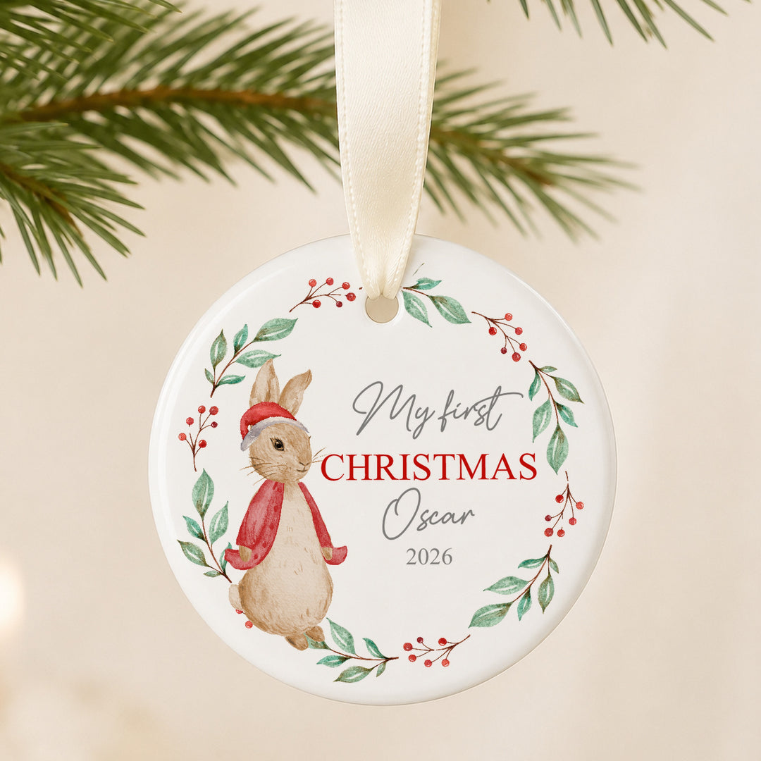 Personalised Red Rabbit Wreath My First Christmas Bauble