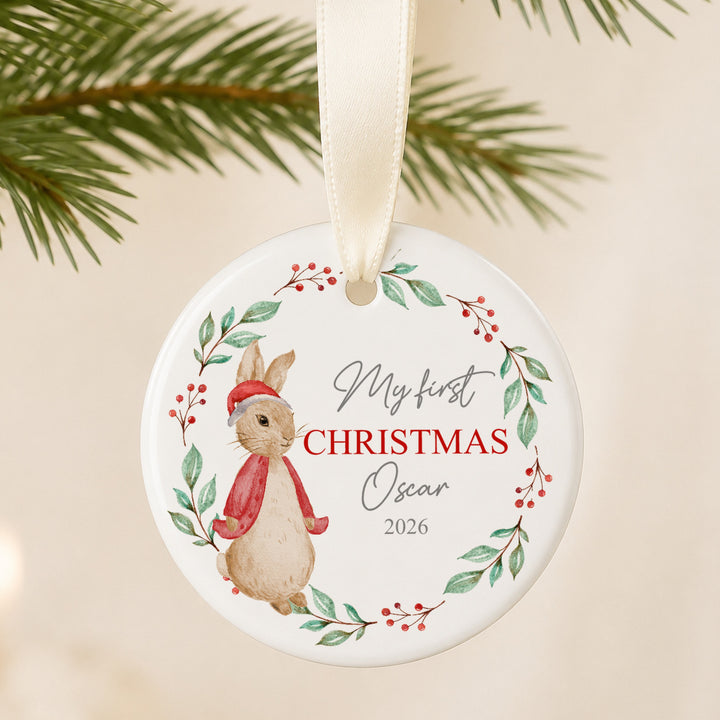 Personalised Red Rabbit Wreath My First Christmas Bauble
