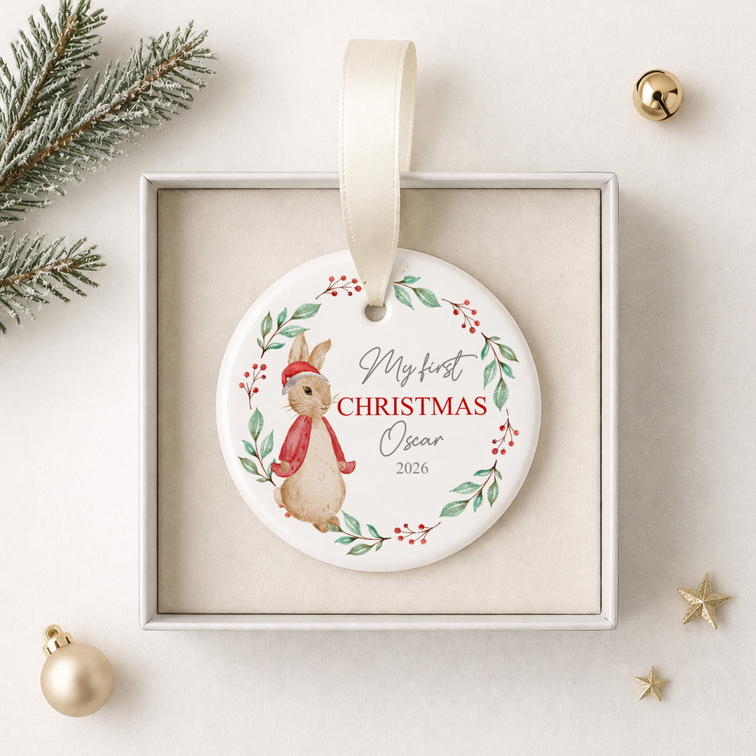 Personalised Red Rabbit Wreath My First Christmas Bauble