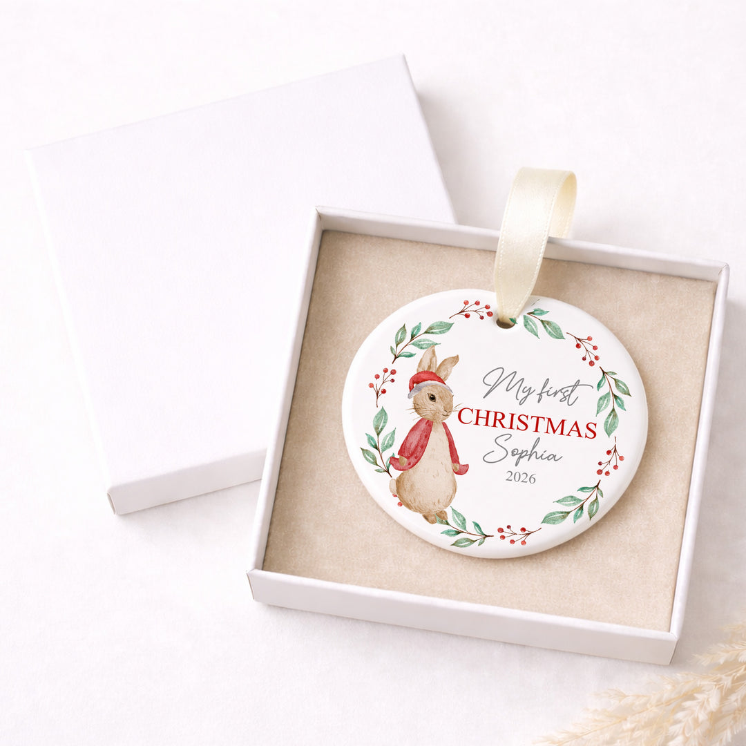 Personalised Red Rabbit Wreath My First Christmas Bauble