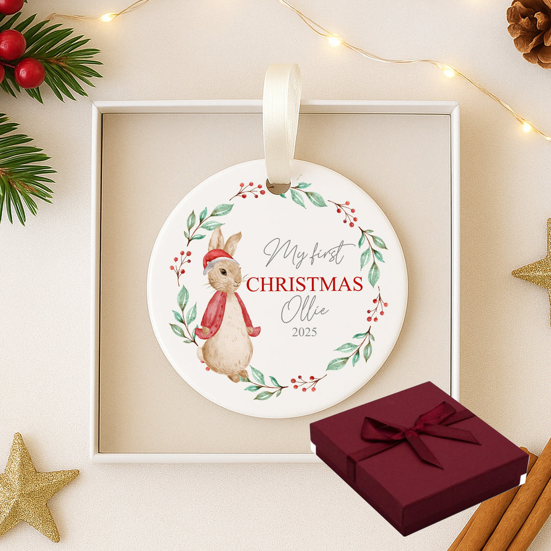 Personalised My First Christmas Red Rabbit Wreath Ceramic Ornament