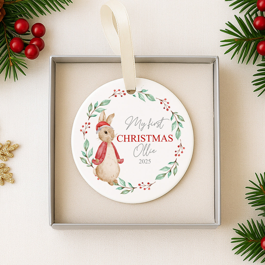 Personalised My First Christmas Red Rabbit Wreath Ceramic Ornament