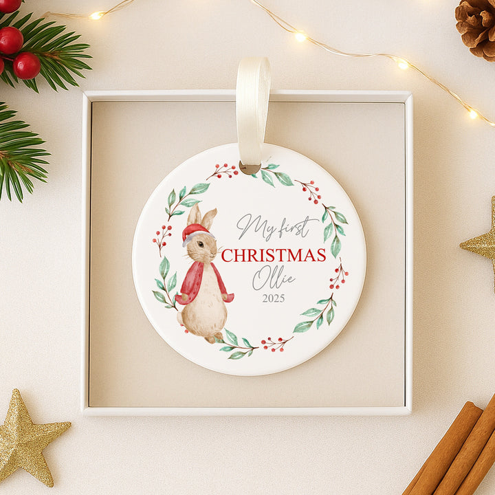 Personalised My First Christmas Red Rabbit Wreath Ceramic Ornament