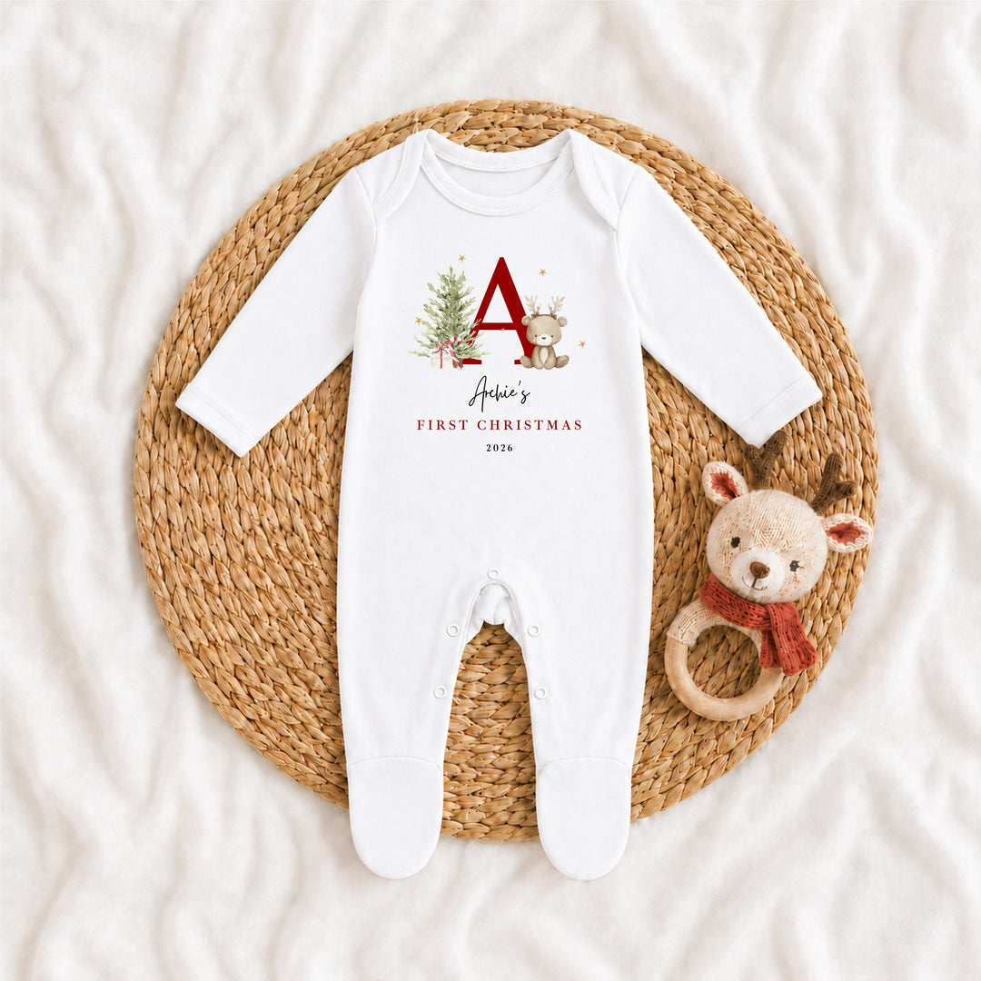 Personalised Bear Reindeer Initial My First Christmas Baby Grow Or Vest