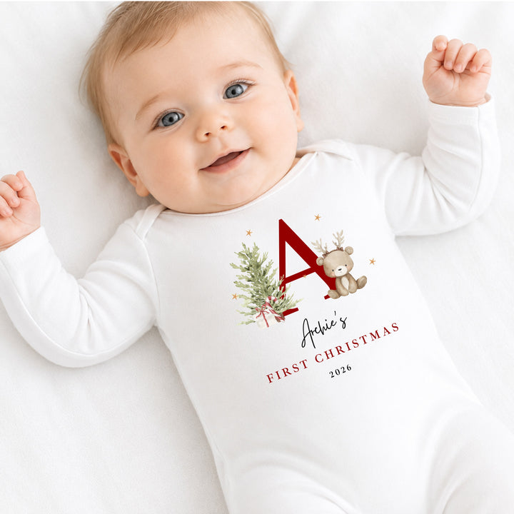 Personalised Bear Reindeer Initial My First Christmas Baby Grow Or Vest
