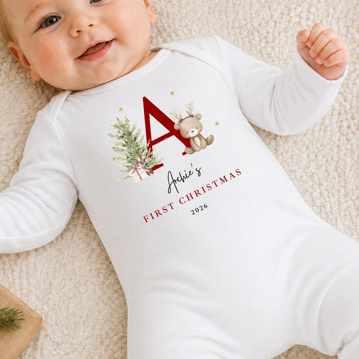 Personalised Bear Reindeer Initial My First Christmas Baby Grow Or Vest