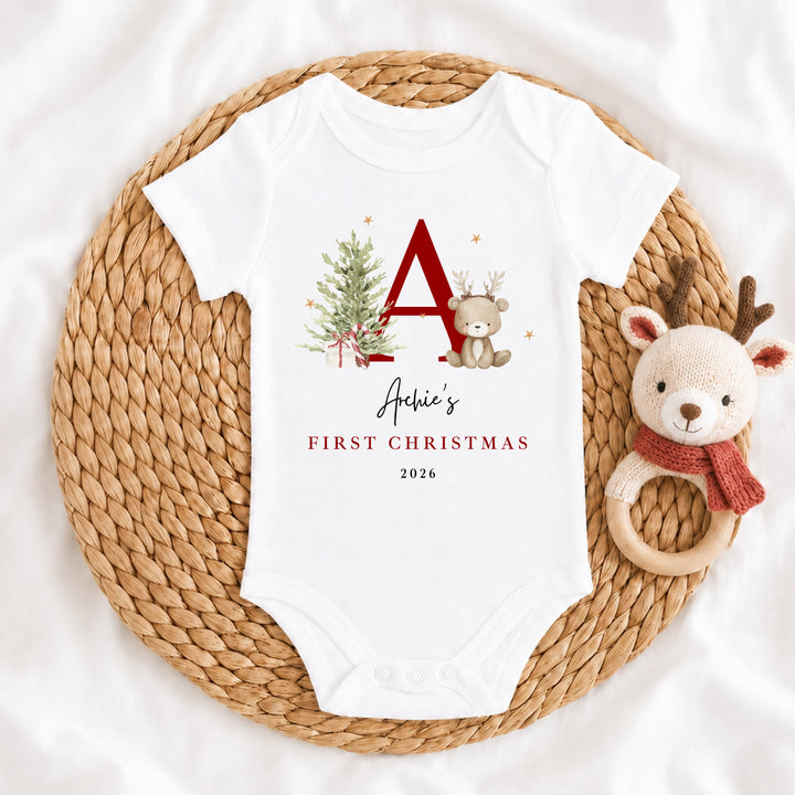 Personalised Bear Reindeer Initial My First Christmas Baby Grow Or Vest