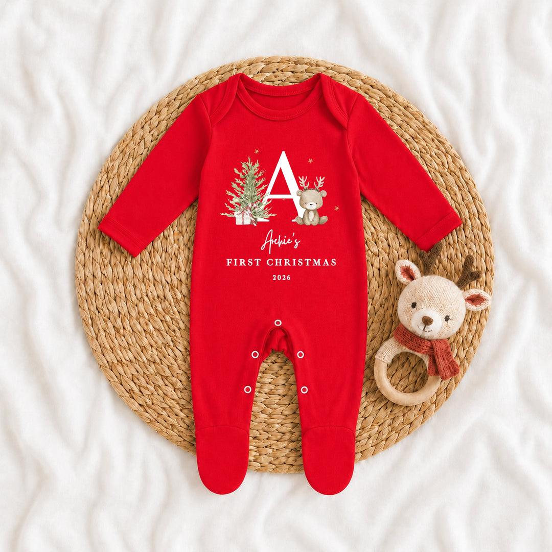 Personalised Bear Reindeer Initial My First Christmas Red Baby Grow