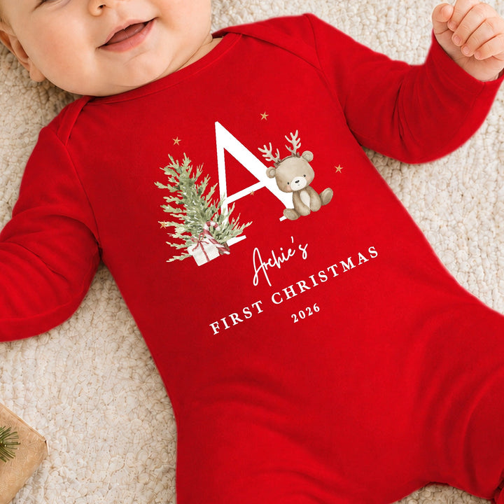 Personalised Bear Reindeer Initial My First Christmas Red Baby Grow