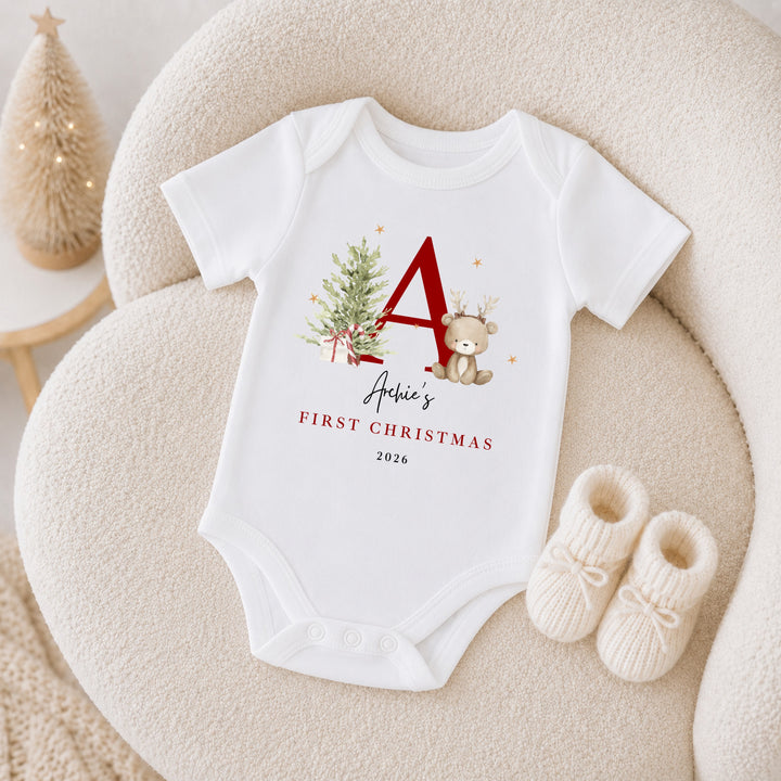 Personalised Bear Reindeer Initial My First Christmas Baby Grow Or Vest