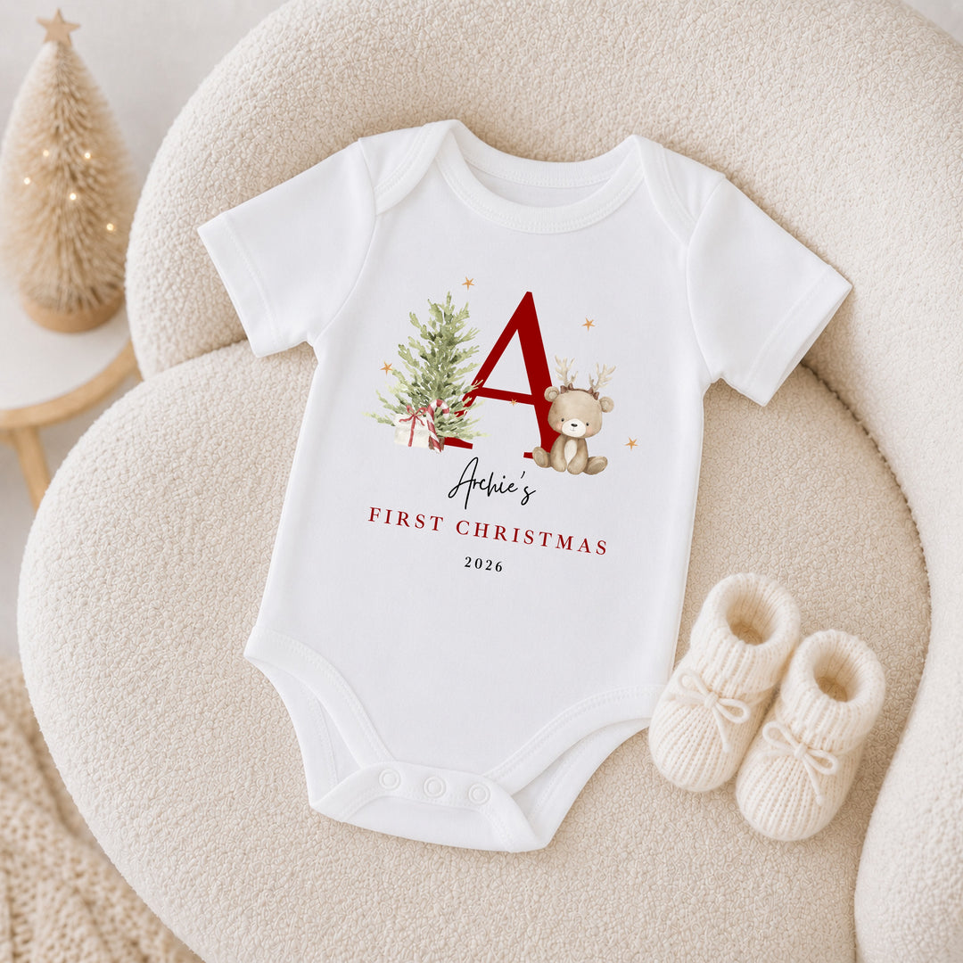 Personalised Bear Reindeer Initial My First Christmas Red Tutu &amp; Vest Set