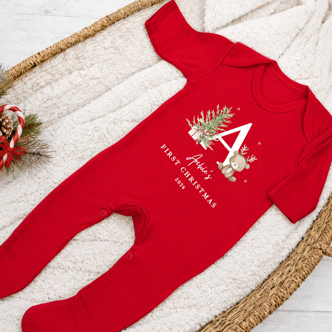 Personalised Bear Reindeer Initial My First Christmas Red Baby Grow