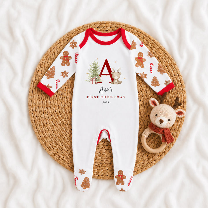Personalised Bear Reindeer Initial My First Christmas Pattern Baby Grow