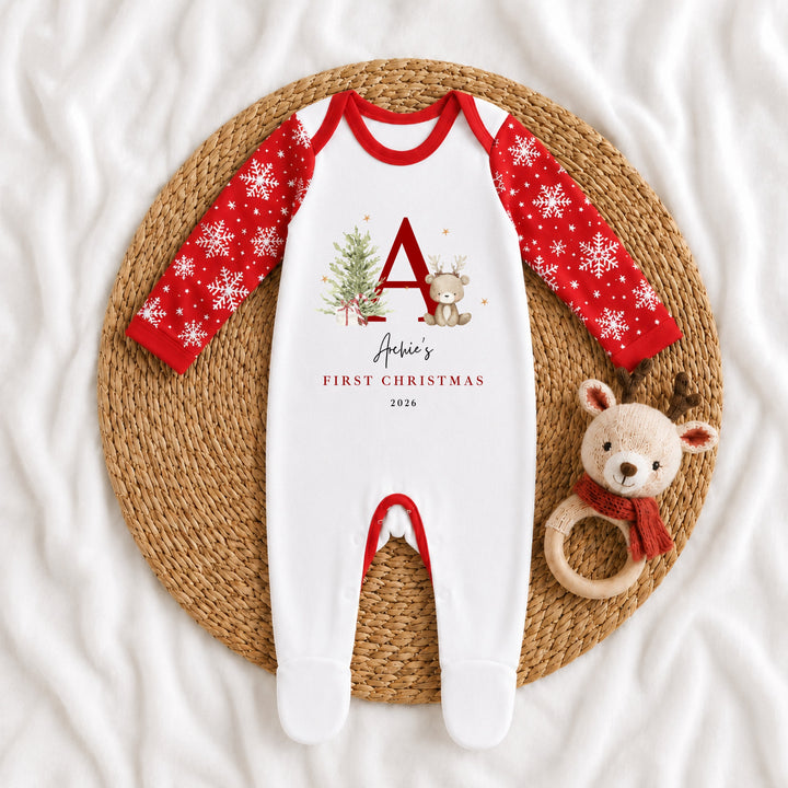 Personalised Bear Reindeer Initial My First Christmas Pattern Baby Grow