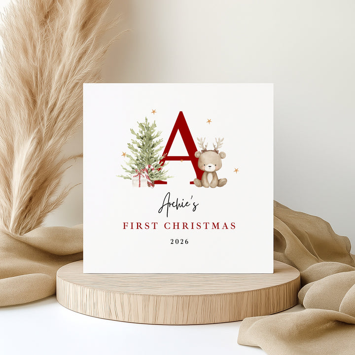 Personalised Bear Reindeer Initial My First Christmas Card