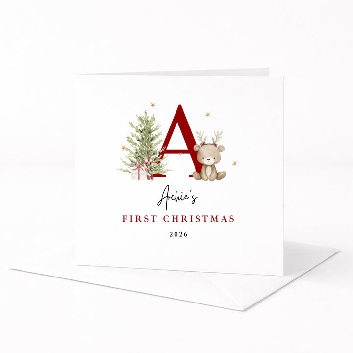 Personalised Bear Reindeer Initial My First Christmas Card