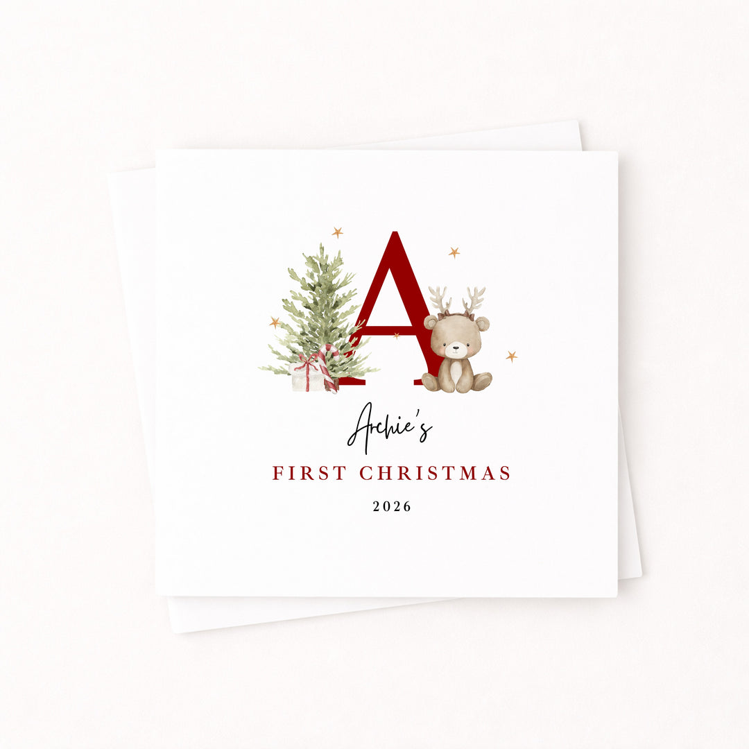 Personalised Bear Reindeer Initial My First Christmas Card